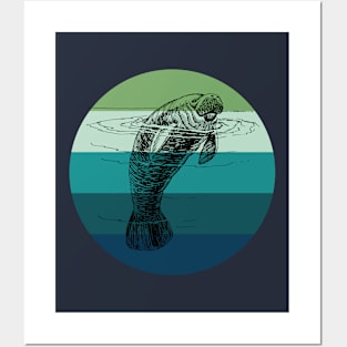 Manatee Sea Cow Drawing Retro Vintage Ocean Creature Posters and Art